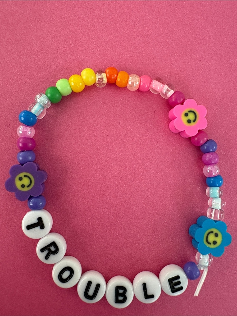 Rainbow Bead Bracelet with Pink Flower Charm - T R O U B L E